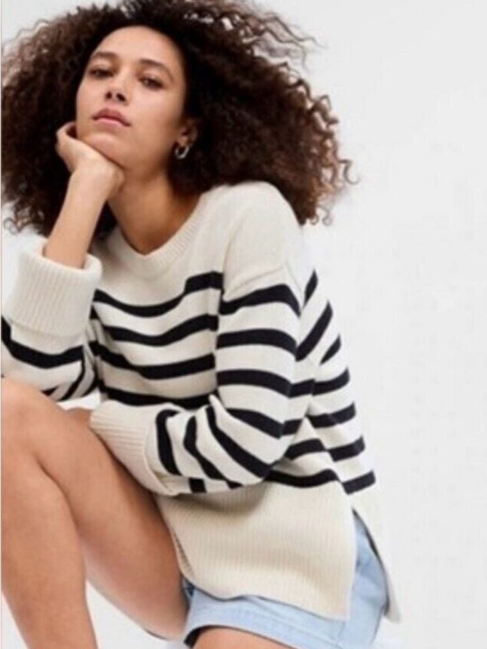 Gap 24/7 Stripe Sweater Medium Black Ivory Oversized Cotton Split Hem